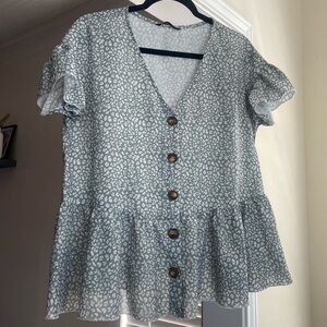 Animal Print Mint Green Ruffle Short Sleeve Blouse
